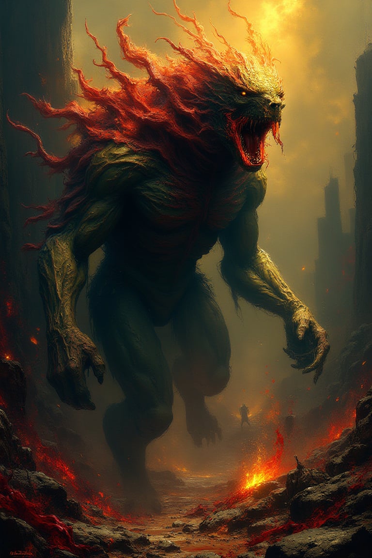 A beautiful cinematic impressionistic painting of the monster. Dark eerie horror, something out of this world, monster with a red and yellow hellish look, in the style of Jeremy Mann and Charles Dana Gibson, Mark Demsteader, Paul Headley, perfect composition, beautiful detailed intricate insanely detailed octane render, trends on artstation, art photography 8k, photorealistic concept art, software natural volumetric cinematic ideal light, chiaroscuro, award winning photography, masterpiece, oil on canvas, Raphael, Caravaggio, Greg Rutkowski, Beeple, Beksinski, Giger, Ultra HD, realistic, vibrant colors, high detail, UHD image, pen and ink, perfect composition, beautiful detailed complex insanely detailed octane rendering, artstation trends, 8k art photography, photorealistic concept art, soft natural volumetric cinematic perfect light