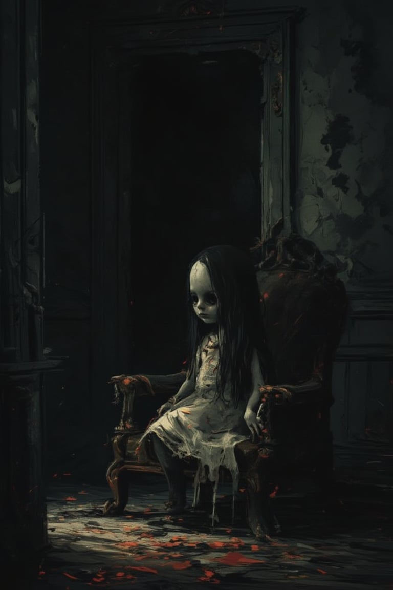 Night room. Creepypasta is a scary entity in the form of a cute, beautiful doll with very large eyes. A creepy look from the shadows. Rembrandt's style. (minimalism: 1), high detail, Greg Rutkowski.
