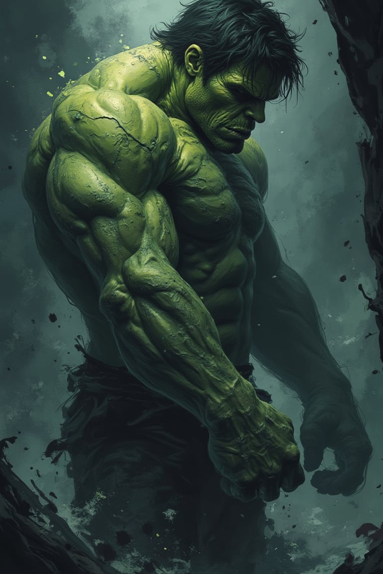 (masterpiece), (Highest quality), (Super detail) (Ultra high resolution), (Best illustrations), 8k, wallpaper, (Hulk. terrible shabby look). (Detailed skin texture: 1.4) (Close-up of upper body: 2.0) disturbing and grotesque world,
with a muted palette and dry brush technique creating a feeling of hopelessness, desolation, hopelessness, dirt. (psychedelic.Neon art/progressive.(Detailed arms:2.0) Perfect body anatomy.