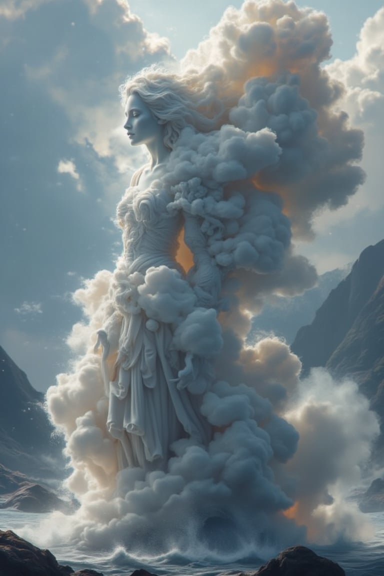 The image features a smoke-like representation of a beautiful goddess, which appears to be a white and gray goddess. The smoke is billowing upwards, creating a visually striking and artistic effect. The smoke is so dense and well-formed that it resembles the shape of a beautiful goddess, making it an interesting and unique sight. This artistic representation of a goddess using smoke adds a creative and captivating element to the scene.
