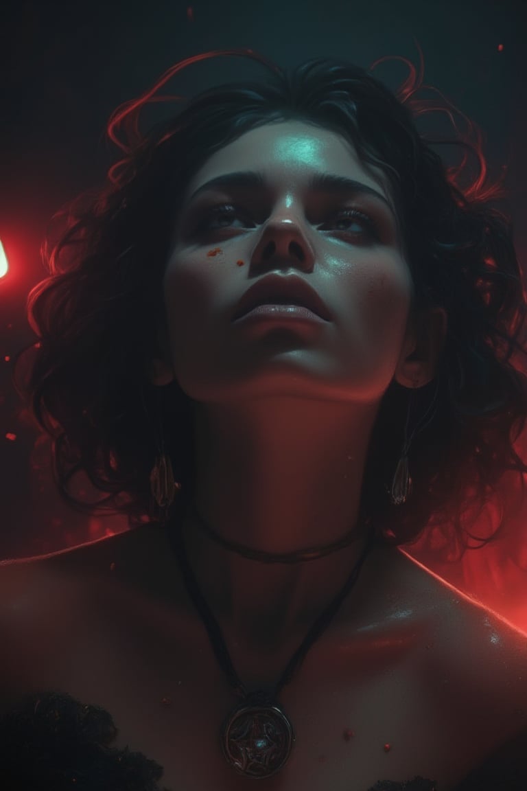 Creepy atmosphere, sinister shades, darkness, dancing shadows, superstitions, cautionary tales. ghost month, 8k uhd, by alessio albi, dust particles, depth of field, by brandon wolfel, close-up of a woman wearing a necklace, beautiful expressive eyes, ultrafocus dark red rays of light shot with anamorphic lenses, eerie atmosphere, sinister hues, darkness, dancing shadows, superstitions, cautionary tales, the unlucky, the haunted, restless spirits, ghostly light, desolate landscape, chilling wind, thin veil between the living and the dead, gloomy setting, deserted streets, flickering street lamp, unnatural shadows, dilapidated houses, horror stories, cobwebs, mystery, premonition, caution, misfortune, vengeful spirits, darkness, talismans, amulets, protective shields, ward off evil, superstitions, bad actions, legends, demons, evil beings, impending doom, heightened vigilance, danger, distant howls, eerie screams, moody feelings