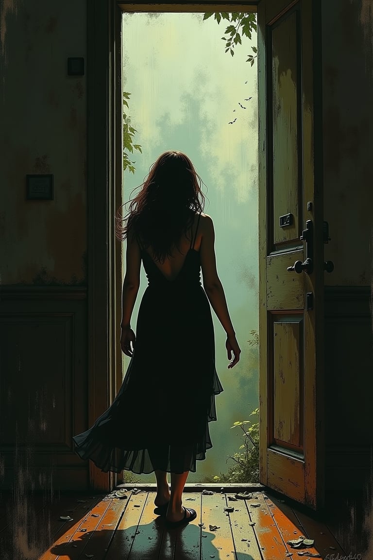 Full length view. Tili-tili-bom!
Close your eyes quickly...
Someone is walking outside the window
And knocks on doors. best quality. beautiful cinematic impressionistic painting, dark dramatic character, in the style of Jeremy Mann and Charles Dana Gibson, Mark Demsteader, Paul Hedley