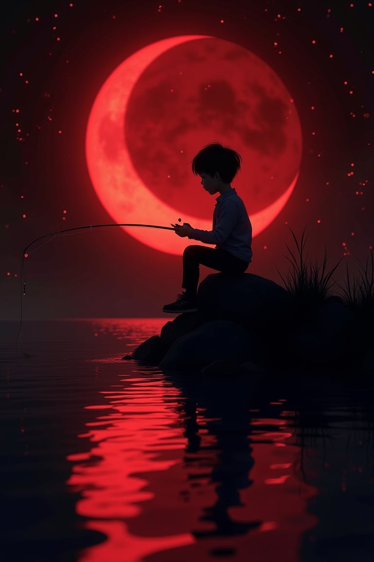 Ashley Wood style, dark scarlet background, Chemiluminescence. (animation. boy fishing sitting on a crescent moon, night, 1 moon, romance, fairytale background) (minimalism: 1), ray tracing details...Stephen Gammell style - Iai in the style of Stephen Gammell