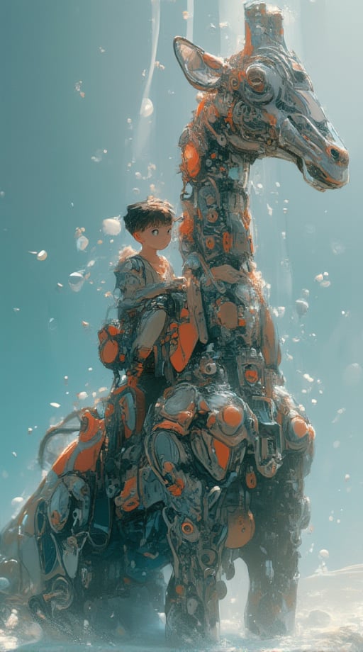 watce, a boy riding a giraffe made out of mechanical gear, standing in the water with bubbles,A giraffe with a gear body encased in translucent plastic,Mechanical,intricately constructed 