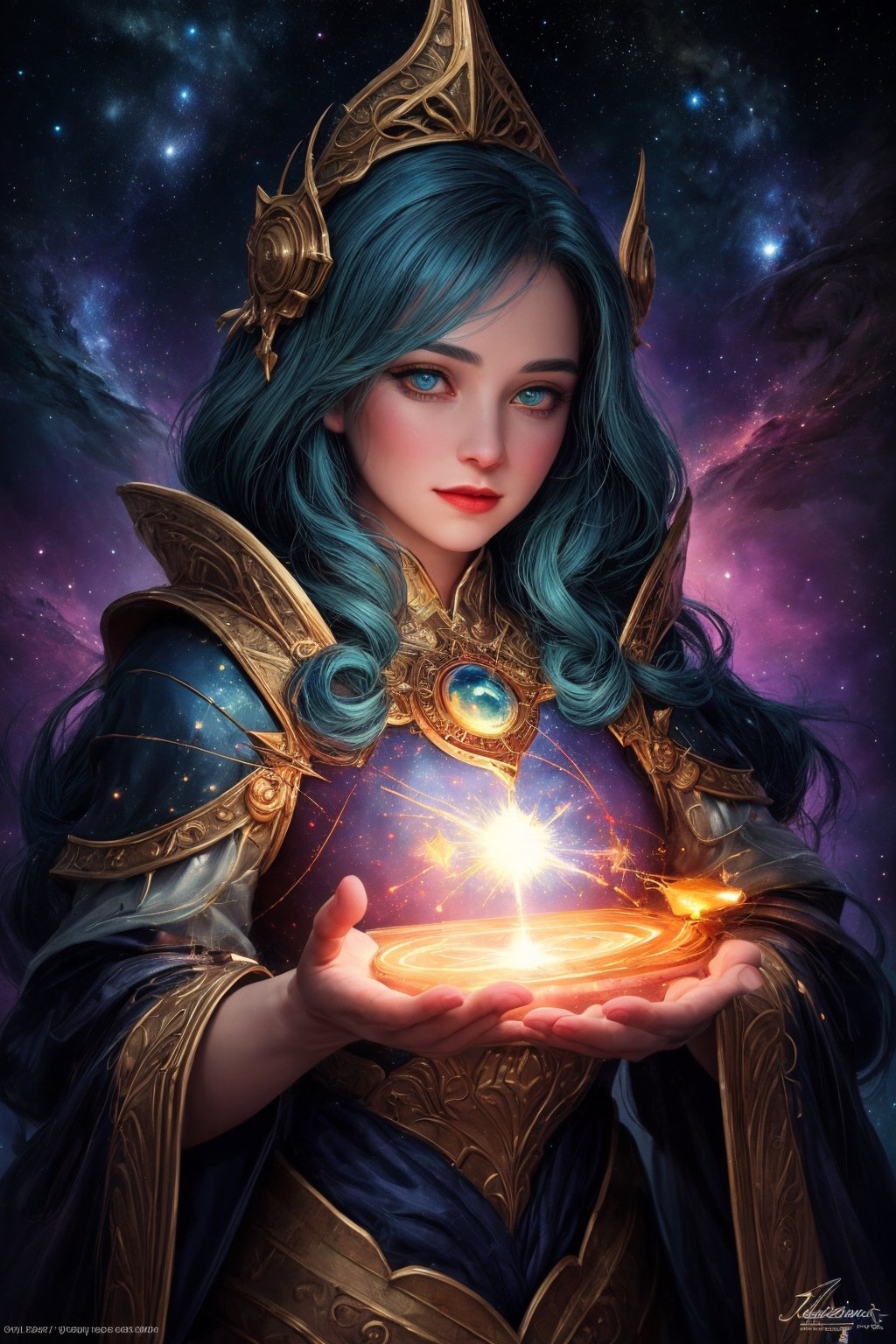 A dazzlingly intricate digitalized galactic magic spell, every line and curve pulsing with energy and mystery. The main subject is a powerful sorcerer, surrounded by swirling galaxies and sparkling stars, casting a spell with outstretched hands. This stunning painting captures the essence of otherworldly magic, with vibrant colors and intricate details that draw the viewer in. The level of detail and skill in this image is truly remarkable, making it a must-see for any fantasy art enthusiast.