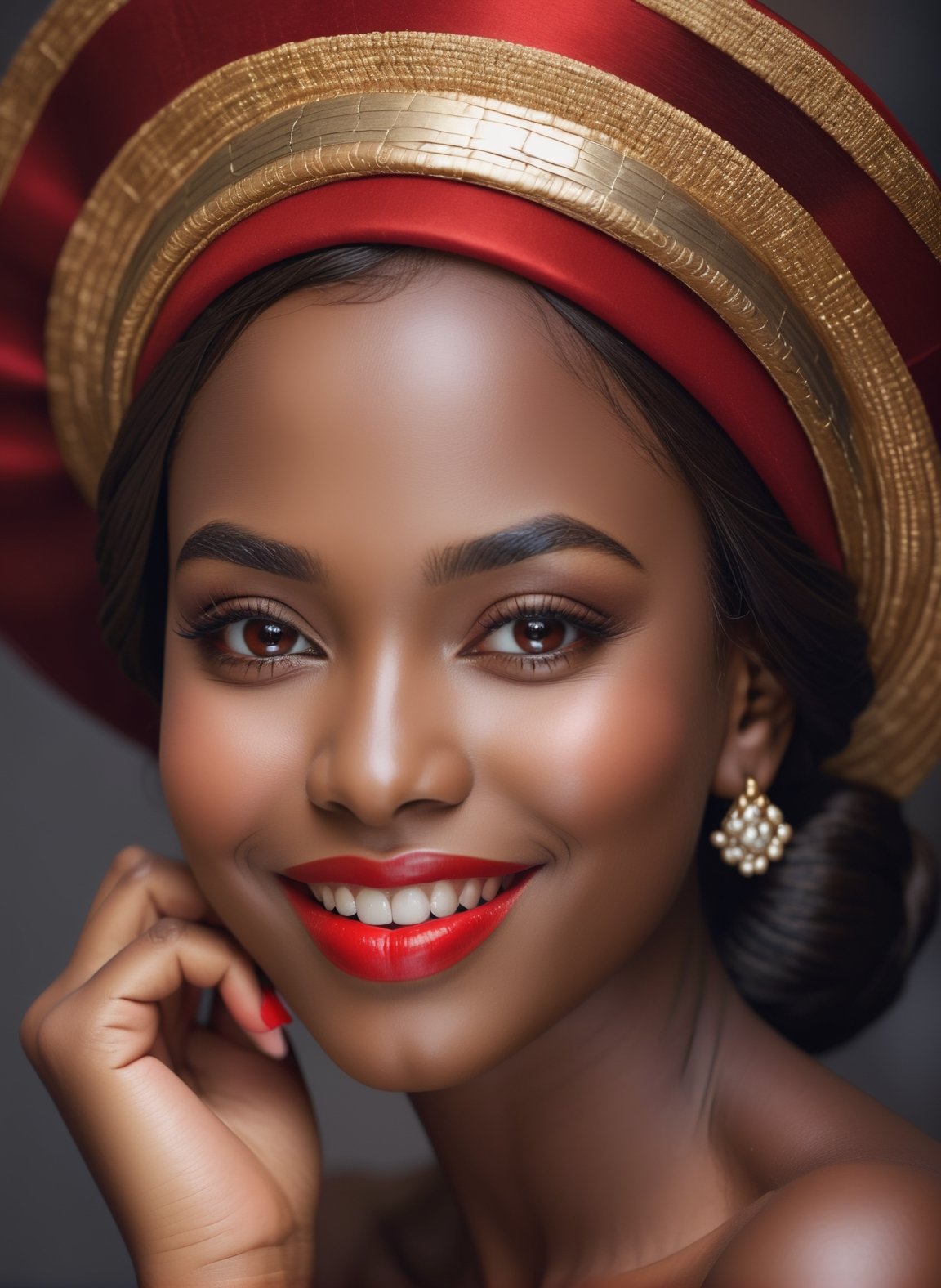 beauty face, brown eyes, lovely smile,full red lips,hand under chin, dark skin,headwear.