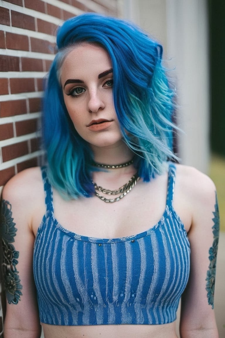 Young girl with blue hair and huge breast, wearing crop top 