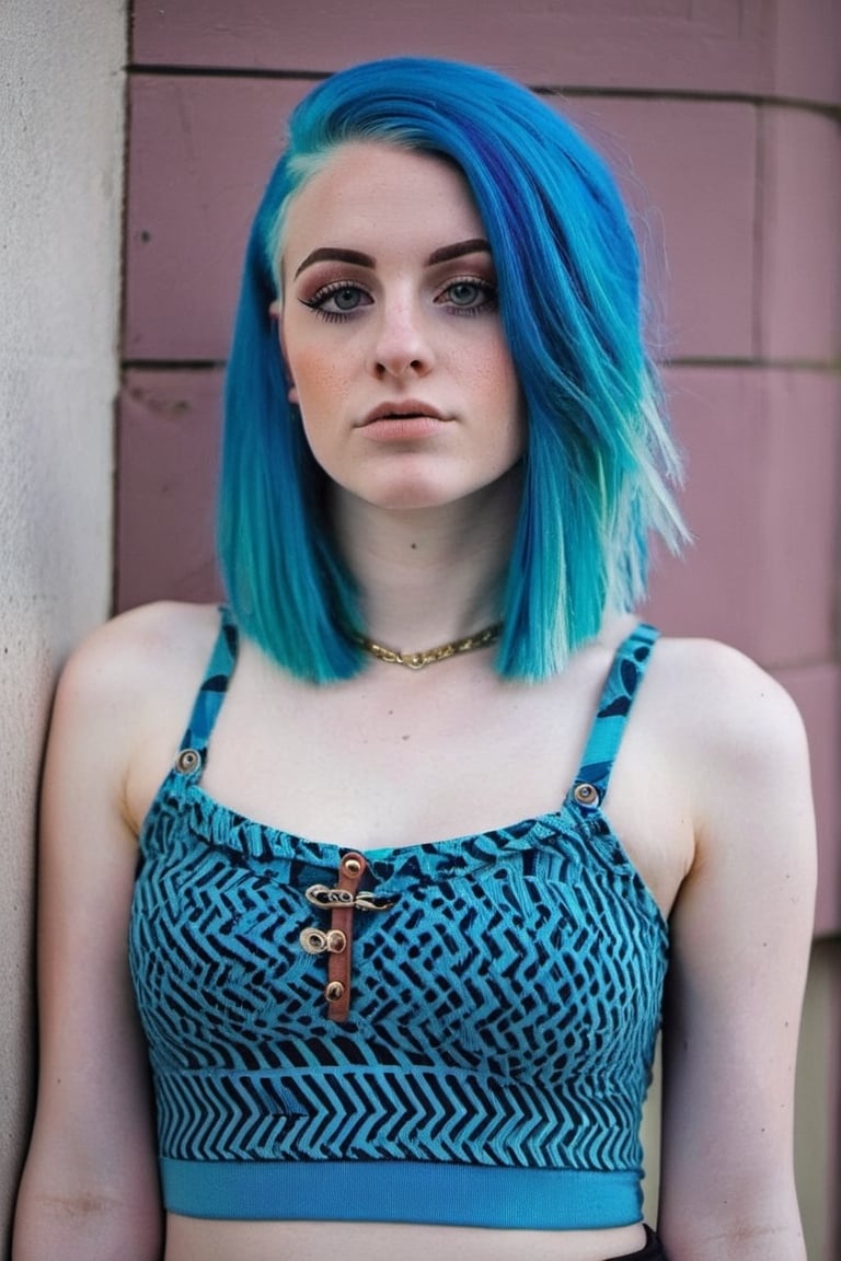 Young girl with blue hair and huge breast, wearing crop top 