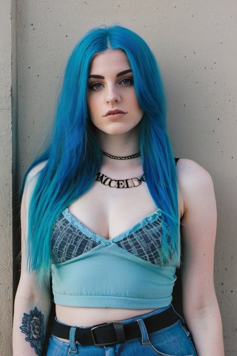 Young girl with blue hair and huge breast, wearing crop top 