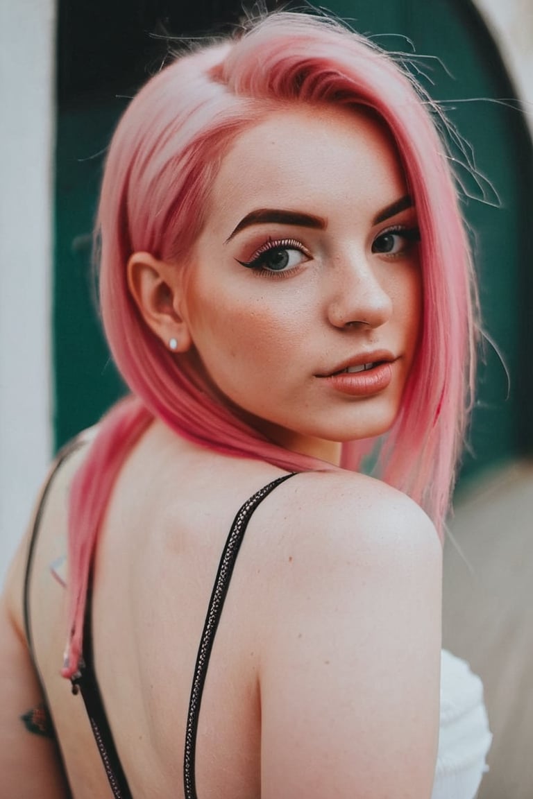 Young girl with pink hair and round butt