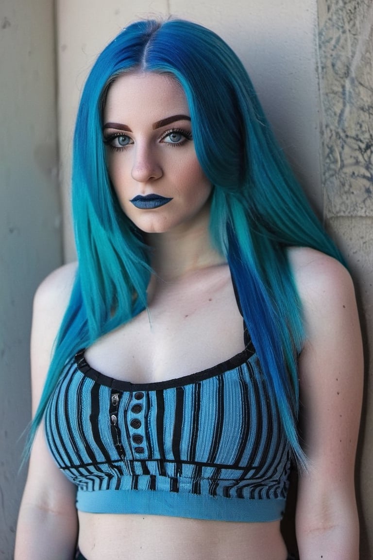 Young girl with blue hair and huge breast, wearing crop top 