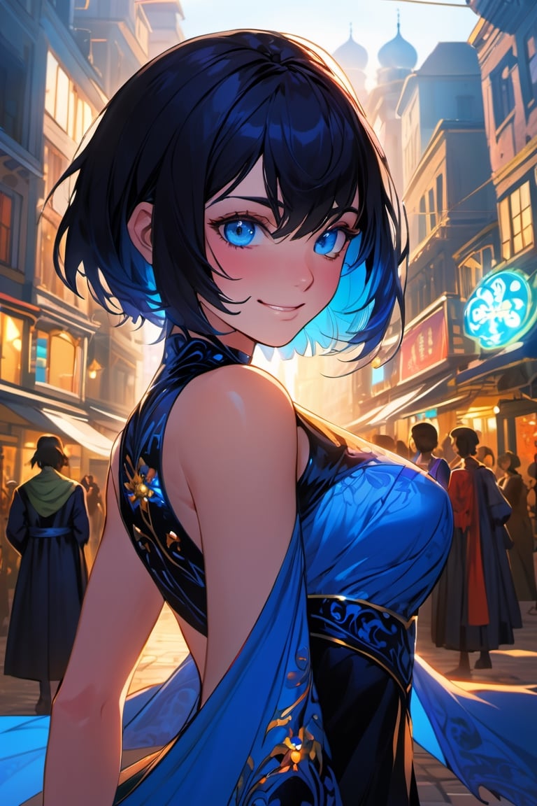 (best quality:1.3),masterpiece,beautiful detailed glow,textile shading,absurdres,highres,dynamic lighting,
intricate detailed,beautiful eyes,
(1girl, woman, solo:1.5),(full body),short hair, (multicolored_hair:1.6, black hair:1.7, blue highlights:1.3),
black dress:1.3, blue eyes, charismatic, large breasts, sly grin, 
(backlighting),(face lighting),(looking of viewer),city