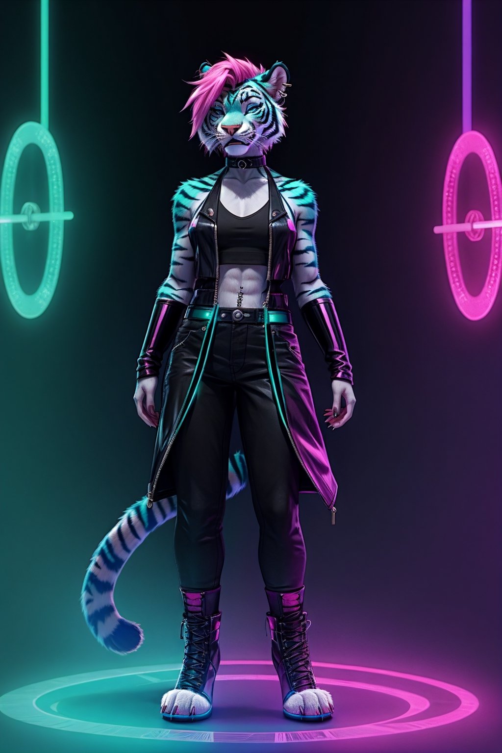 full-length_portrait, saber-toothed tiger, hologram, teal fur, black stripes, pink undercut, ear_rod, septum_piercing, 