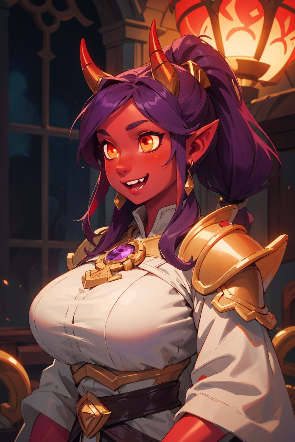 masterpiece, best quality, ultra-detailed, 1girl, mature face, draenei, ((colored skin, red skin:1.5)), breasts, muscular arms, ((purple hair)), (wavy hair, ponytail), golden medieval armor, chestplate, paldrons, priestess robes, paladin, cathedral background, volumetric lighting, intricate details, sharp focus, hyper detailed, perfect hands, (smiling, fangs), ((glowing eyes, gold eyes)), (horns, tail), side view,