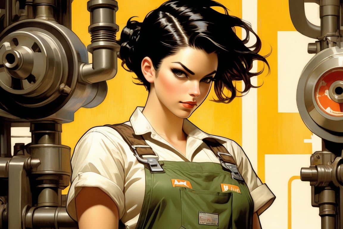 Anime artwork. strong female mechanic in overalls, short dark hair, painting, muscular arms, art by J.C. Leyendecker, anime style, key visual, vibrant, studio anime,  highly detailed,LaxpeintXL