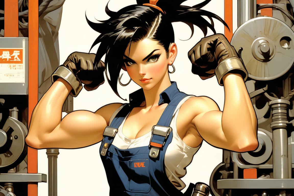 Anime artwork. strong female mechanic in overalls, short dark hair, painting, muscular arms, art by J.C. Leyendecker, anime style, key visual, vibrant, studio anime,  highly detailed,LaxpeintXL