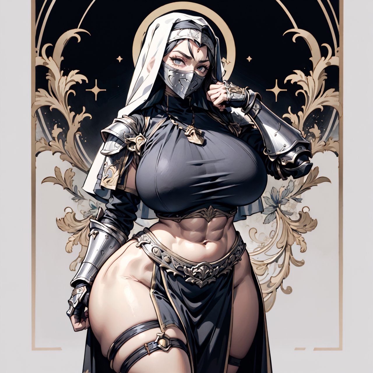 a fantasy nun, ((knight armor, pauldrons, vambraces, gauntlets)), revealing clothing, (milf, curvy figure, wide hips, gigantic breasts, thicc, musclular, biceps, abs), ((covered face, veil)), 2d fantasy ink illustration with an art nouveau background, EpicArt, (monochrome), milfication, contraposto, dynamic pose,