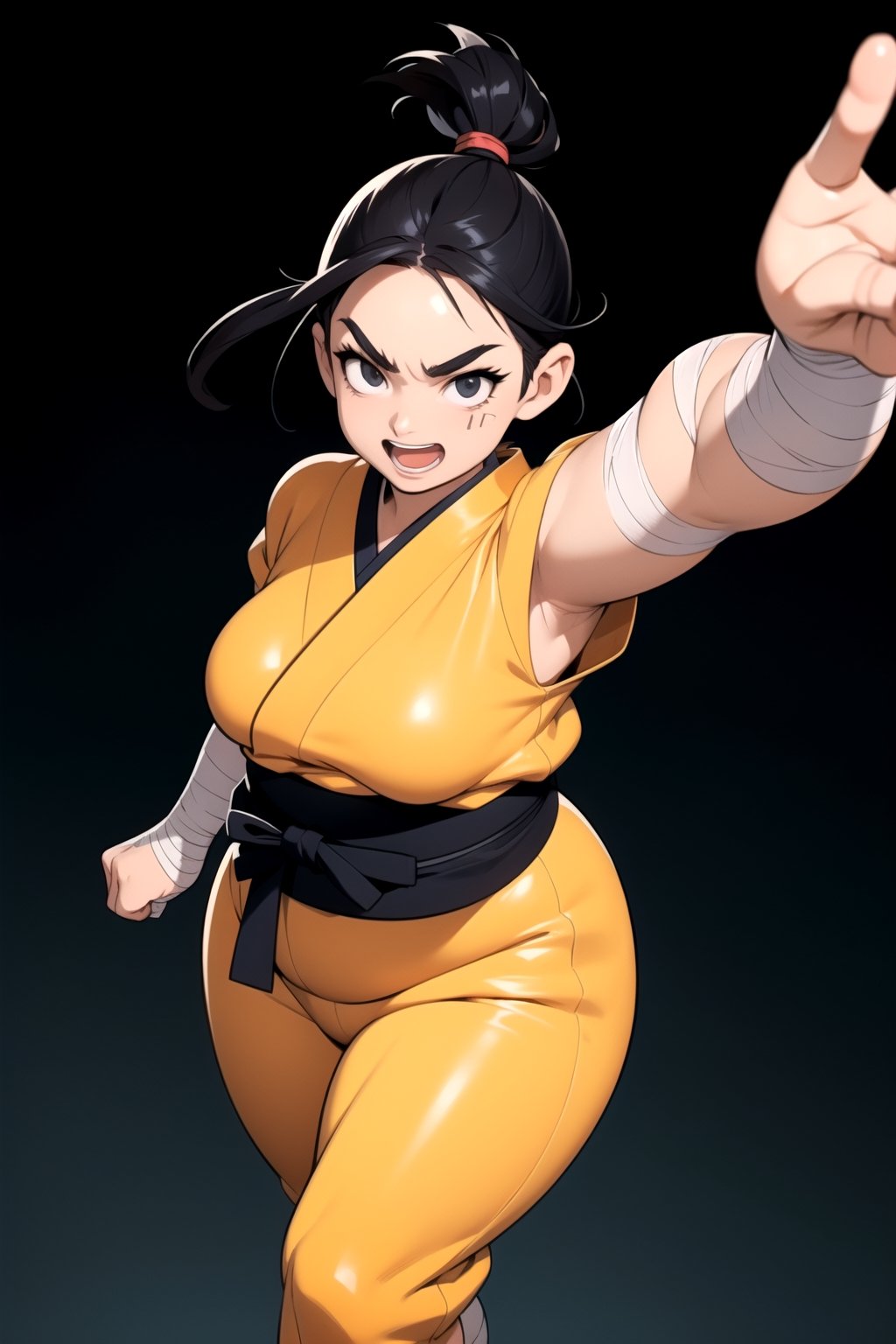 masterpiece, best quality, mature female, plump, action pose, short black hair, thick eyebrows, tan skin, martial artist, (bandages, hip vent, japanese clothes, ninja), action pose, excited, happy, ((dynamic angle)), dojo background, ((manga style illustration)),