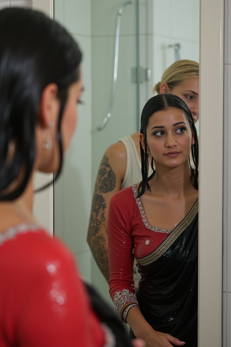 "Create an image featuring a tattooed, blonde-haired Caucasian wet women in her 20s with blue eyes and short hair, who has just stepped out of the shower. She is slightly out of focus in the background. In the foreground, her beautiful soaking wet Japanese girlfriend is completely in focus, looking at her reflection in a fogged-up mirror. She has a slender frame and shoulder-length wet black hair styled in a bob cut with side-parted bangs. She is wearing wet black saree with white traditional embroidary design, full sleeve red bouse with pattened design, her wet hair clinging to her neck, while the man's reflection is visible in the misty mirror behind her.",Wet,covered in oil,covered in mud,wam,wet clothes,pouring oil,wetlook,pouring oil,Fetishwet