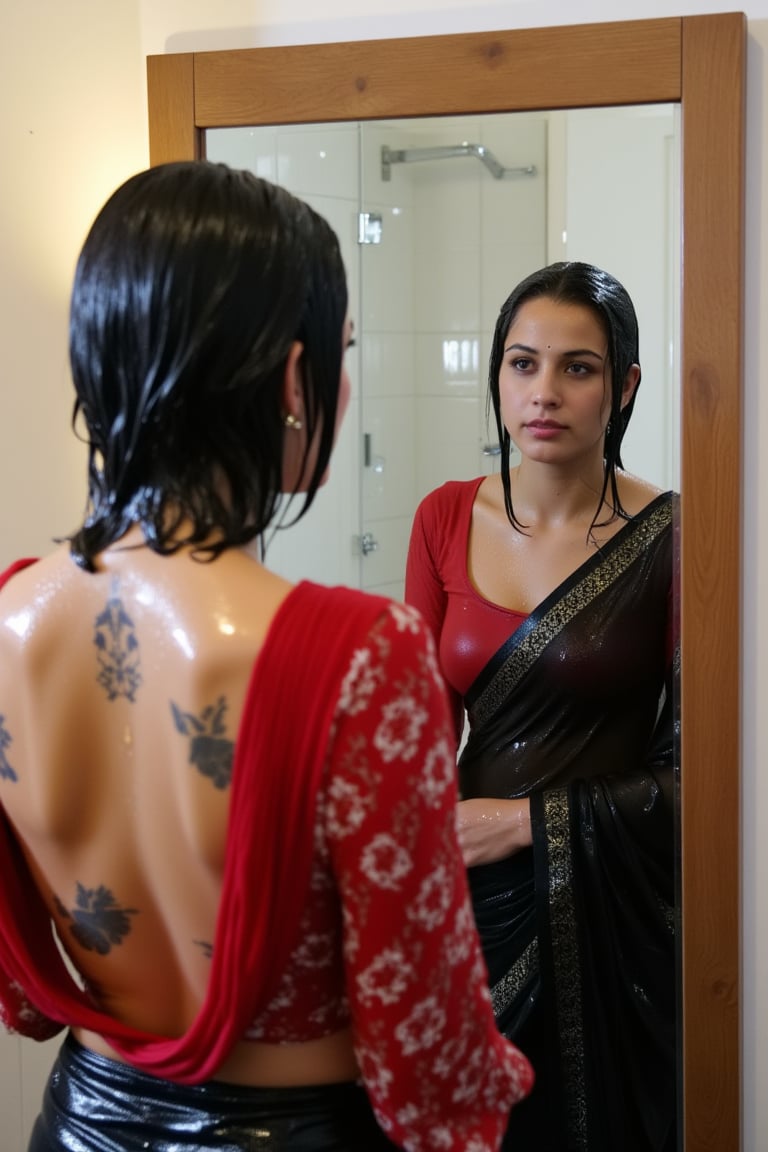 "Create an image featuring a tattooed, blonde-haired Caucasian wet women in her 20s with blue eyes and short hair, who has just stepped out of the shower wearing a beautiful indian saree and blouse. She is slightly out of focus in the background. In the foreground, her beautiful soaking wet Japanese girlfriend is completely in focus, looking at her reflection in a fogged-up mirror. She has a slender frame and shoulder-length wet black hair styled in a bob cut with side-parted bangs. She is wearing wet black saree with white traditional embroidary design, full sleeve red bouse with pattened design, her wet hair clinging to her neck, while the man's reflection is visible in the misty mirror behind her.",Wet,covered in oil,covered in mud,wam,wet clothes,pouring oil,wetlook,pouring oil,Fetishwet