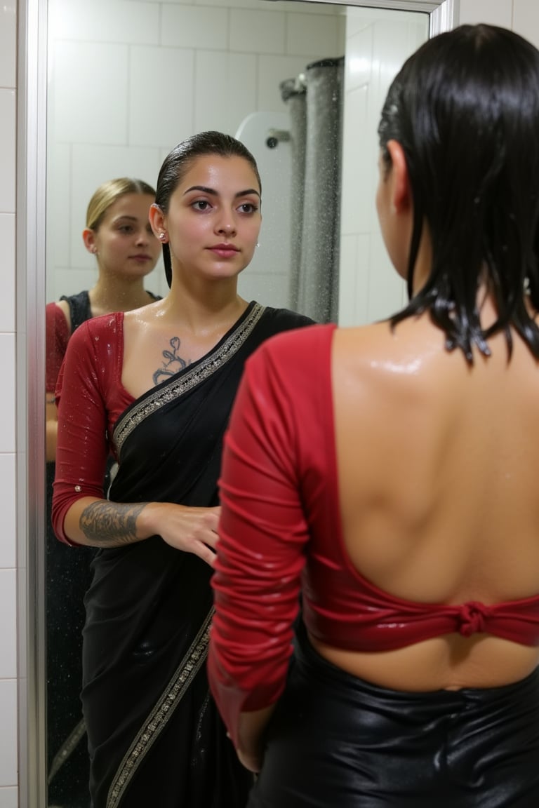 "Create an image featuring a tattooed, blonde-haired Caucasian wet women in her 20s with blue eyes and short hair, who has just stepped out of the shower wearing a beautiful indian saree and blouse. She is slightly out of focus in the background. In the foreground, her beautiful soaking wet Japanese girlfriend is completely in focus, looking at her reflection in a fogged-up mirror. She has a slender frame and shoulder-length wet black hair styled in a bob cut with side-parted bangs. She is wearing wet black saree with white traditional embroidary design, full sleeve red bouse with pattened design, her wet hair clinging to her neck, while the man's reflection is visible in the misty mirror behind her.",Wet,covered in oil,covered in mud,wam,wet clothes,pouring oil,wetlook,pouring oil,Fetishwet