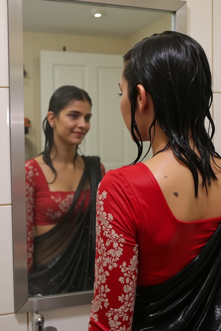 "Create an image featuring a tattooed, blonde-haired Caucasian wet women in her 20s with blue eyes and short hair, who has just stepped out of the shower. She is slightly out of focus in the background. In the foreground, her beautiful soaking wet Japanese girlfriend is completely in focus, looking at her reflection in a fogged-up mirror. She has a slender frame and shoulder-length wet black hair styled in a bob cut with side-parted bangs. She is wearing wet black saree with white traditional embroidary design, full sleeve red bouse with pattened design, her wet hair clinging to her neck, while the man's reflection is visible in the misty mirror behind her.",Wet,covered in oil,covered in mud,wam,wet clothes,pouring oil,wetlook,pouring oil,Fetishwet