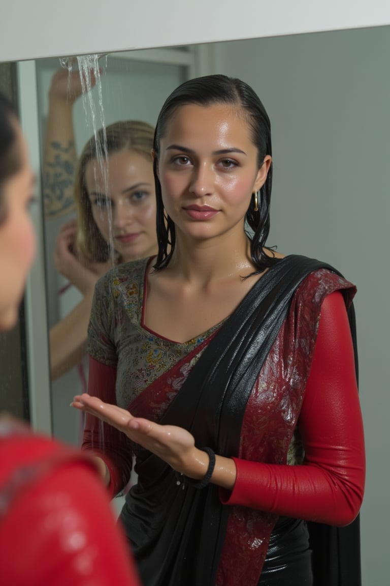 "Create an image featuring a tattooed, blonde-haired Caucasian wet women in her 20s with blue eyes and short hair, who has just stepped out of the shower. She is slightly out of focus in the background. In the foreground, her beautiful soaking wet Japanese girlfriend is completely in focus, looking at her reflection in a fogged-up mirror. She has a slender frame and shoulder-length wet black hair styled in a bob cut with side-parted bangs. She is wearing wet black saree with white traditional embroidary design, full sleeve red bouse with pattened design, her wet hair clinging to her neck, while the man's reflection is visible in the misty mirror behind her.",Wet,covered in oil,covered in mud,wam,wet clothes,pouring oil,wetlook,pouring oil