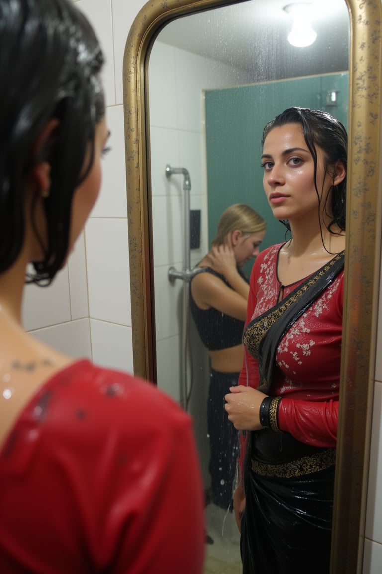 "Create an image featuring a tattooed, blonde-haired Caucasian wet women in her 20s with blue eyes and short hair, who has just stepped out of the shower. She is slightly out of focus in the background. In the foreground, her beautiful soaking wet Japanese girlfriend is completely in focus, looking at her reflection in a fogged-up mirror. She has a slender frame and shoulder-length wet black hair styled in a bob cut with side-parted bangs. She is wearing wet black saree with white traditional embroidary design, full sleeve red bouse with pattened design, her wet hair clinging to her neck, while the man's reflection is visible in the misty mirror behind her.",Wet,covered in oil,covered in mud,wam,wet clothes,pouring oil,wetlook,pouring oil