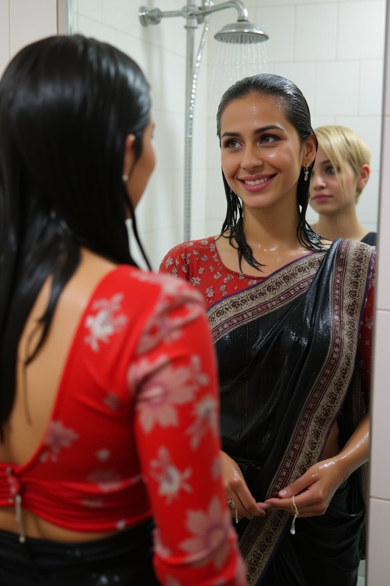 "Create an image featuring a tattooed, blonde-haired Caucasian wet women in her 20s with blue eyes and short hair, who has just stepped out of the shower wearing a beautiful indian saree and blouse. She is slightly out of focus in the background. In the foreground, her beautiful soaking wet Japanese girlfriend is completely in focus, looking at her reflection in a fogged-up mirror. She has a slender frame and shoulder-length wet black hair styled in a bob cut with side-parted bangs. She is wearing wet black saree with white traditional embroidary design, full sleeve red bouse with pattened design, her wet hair clinging to her neck, while the man's reflection is visible in the misty mirror behind her.",Wet,covered in oil,covered in mud,wam,wet clothes,pouring oil,wetlook,pouring oil,Fetishwet