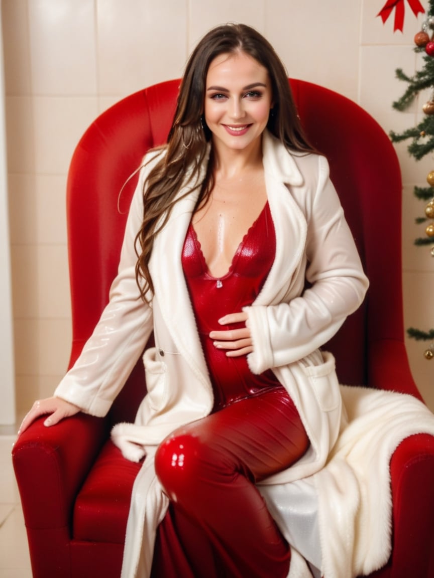 A young womenwith long, flowing hair sits in a chair, wearing a red dress and a white fur coat. She is smiling and looking at the camera, her eyes sparkling with joy,christmas, (( wet clothes, wet hair, wet, soaked, face focused, skin pores, soaked hair, wet dress cling to body, beautiiful wet women in long red dress and white fur coat:1.2)),soakingwetclothes,Victorian 