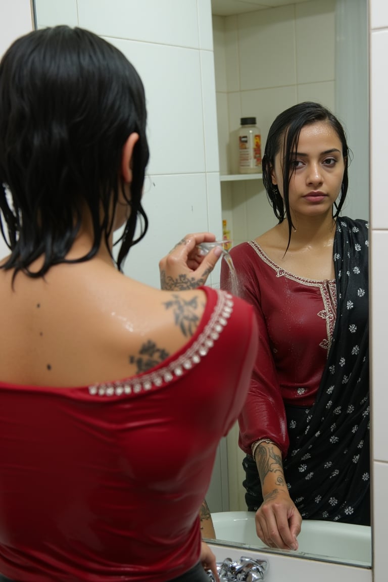 "Create an image featuring a tattooed, blonde-haired Caucasian wet women in her 20s with blue eyes and short hair, who has just stepped out of the shower. She is slightly out of focus in the background. In the foreground, her beautiful soaking wet Japanese girlfriend is completely in focus, looking at her reflection in a fogged-up mirror. She has a slender frame and shoulder-length wet black hair styled in a bob cut with side-parted bangs. She is wearing wet black saree with white traditional embroidary design, full sleeve red bouse with pattened design, her wet hair clinging to her neck, while the man's reflection is visible in the misty mirror behind her.",Wet,covered in oil,covered in mud,wam,wet clothes,pouring oil,wetlook,pouring oil,Fetishwet