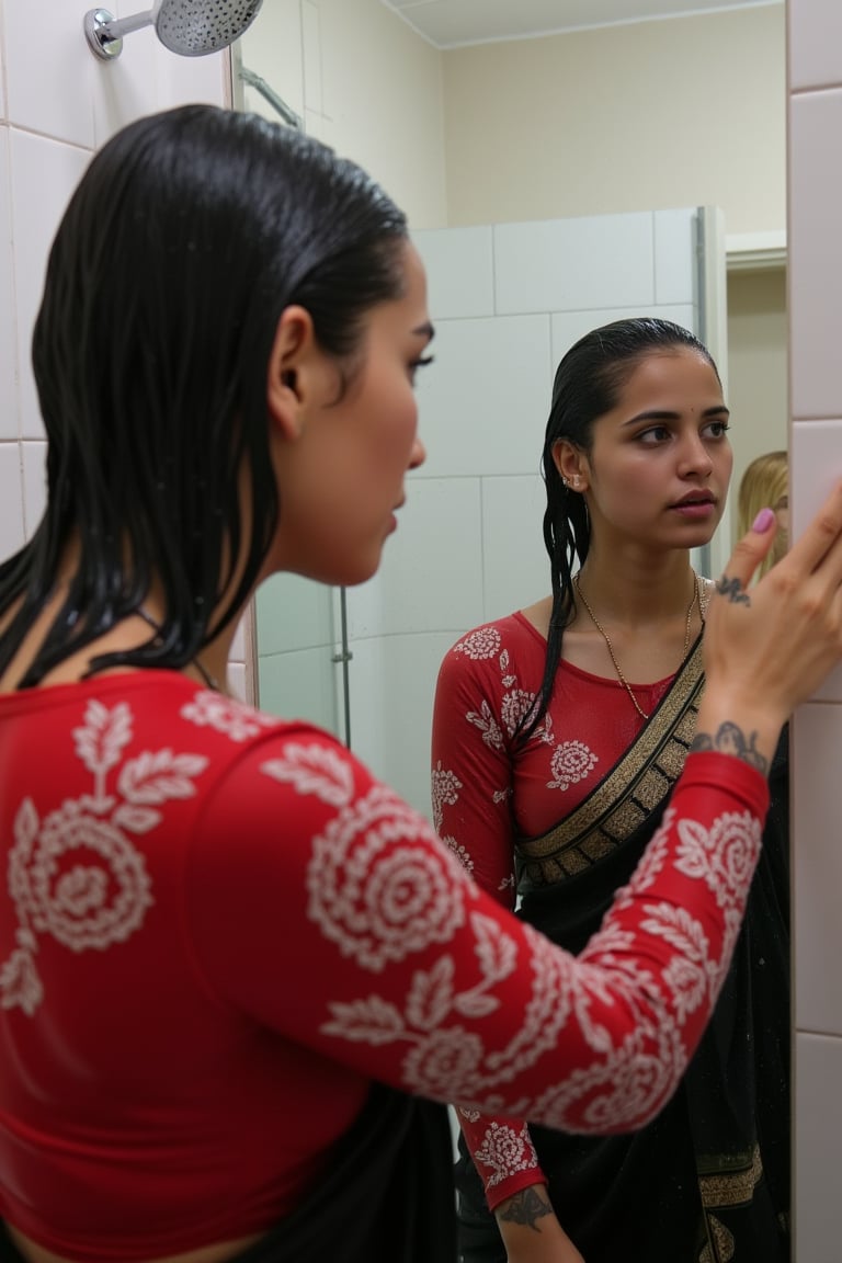 "Create an image featuring a tattooed, blonde-haired Caucasian wet women in her 20s with blue eyes and short hair, who has just stepped out of the shower. She is slightly out of focus in the background. In the foreground, her beautiful soaking wet Japanese girlfriend is completely in focus, looking at her reflection in a fogged-up mirror. She has a slender frame and shoulder-length wet black hair styled in a bob cut with side-parted bangs. She is wearing wet black saree with white traditional embroidary design, full sleeve red bouse with pattened design, her wet hair clinging to her neck, while the man's reflection is visible in the misty mirror behind her.",Wet,covered in oil,covered in mud,wam,wet clothes,pouring oil,wetlook,pouring oil,Fetishwet