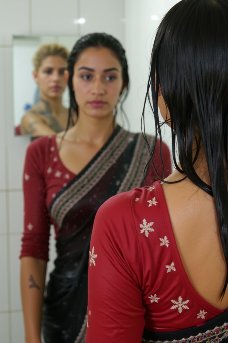 "Create an image featuring a tattooed, blonde-haired Caucasian wet women in her 20s with blue eyes and short hair, who has just stepped out of the shower. She is slightly out of focus in the background. In the foreground, her beautiful soaking wet Japanese girlfriend is completely in focus, looking at her reflection in a fogged-up mirror. She has a slender frame and shoulder-length wet black hair styled in a bob cut with side-parted bangs. She is wearing wet black saree with white traditional embroidary design, full sleeve red bouse with pattened design, her wet hair clinging to her neck, while the man's reflection is visible in the misty mirror behind her.",Wet,covered in oil,covered in mud,wam,wet clothes,pouring oil,wetlook,pouring oil,Fetishwet