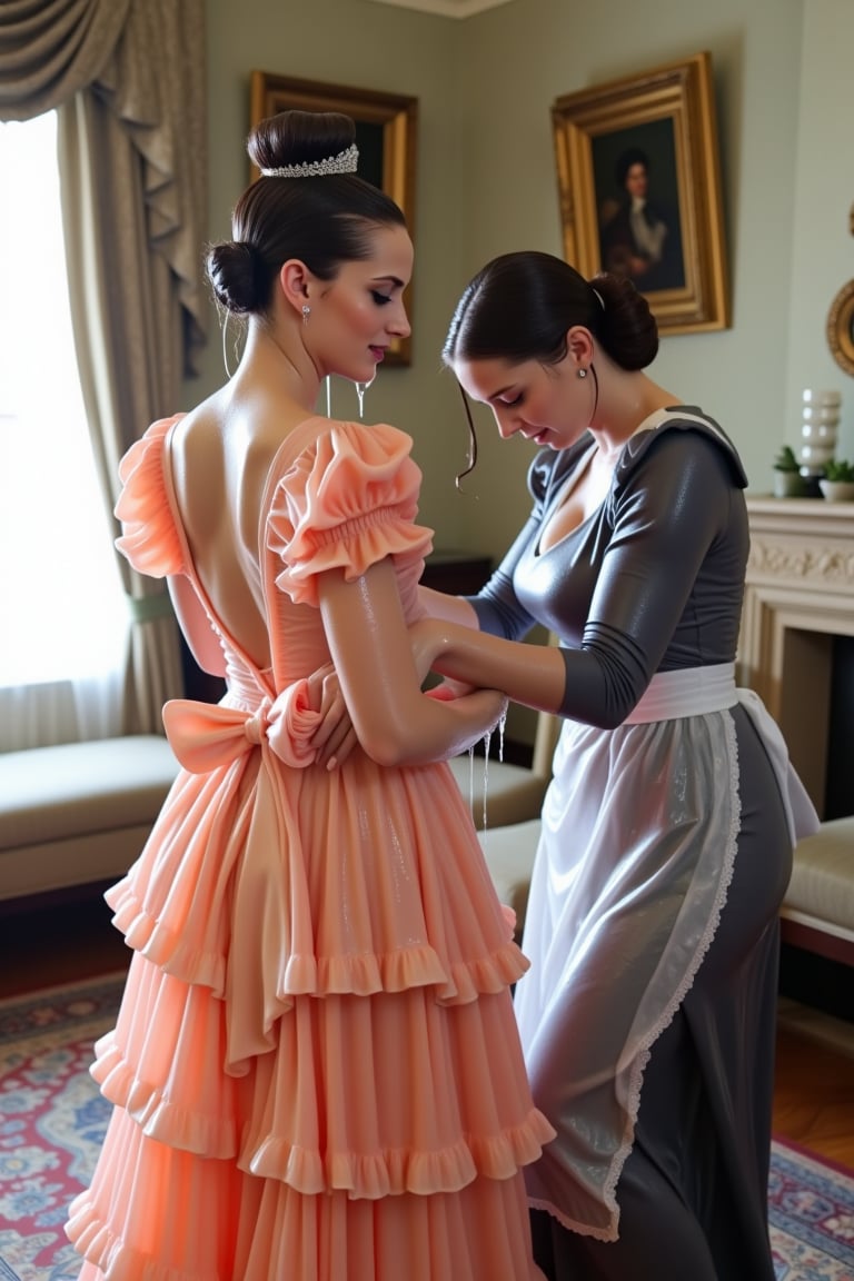 A photo of two soaking wet slimy women in an opulent room with vintage decor. The wet woman on the left is wearing a wet voluminous, glossy peach-colored cotton gown with ruffles and a large wet bow at the back. She has her wet slimy hair styled in an elaborate wet slimy updo adorned with a wet tiara. The wet woman on the right is dressed in a wet, long, glossy grayish-blue cotton wet maid outfit with a transparent wet white transparent cotton apron and lace trim. She is bending down, seemingly adjusting or straightening the other woman's wet gown. Her apron become fully transparent when wet. The room has a window letting in natural light, and there are framed paintings on the walls. A plush carpet lies on the wooden floor, and the ambiance exudes a sense of luxury and elegance. Their hair, clothes, and skin are completely wet, slimed with transparent gunge and both of their wet clothes cling to their skin. They have shampoo in their hair, and suds are running down their bodies.. Shampoo in hair. Soap flowing through clothes. brown eyes, small earring in right ear, very long eyelashes, sensual lips, provocative but conservative expression. she is completely doused in water and transparent slime. her hair is fully slimed and gunjed.

.The soft light illuminates the left side of the frame, casting a flattering glow on her serene expression.,Fetishwet,Wet,covered in oil,covered in mud,wam,wet clothes,pouring oil,wetlook,pouring oil, the girl is completely doused with transparent slimes, ((Wet clothes, wet skin, wet hair, slimed clothes, slimed hair, slimled skin)