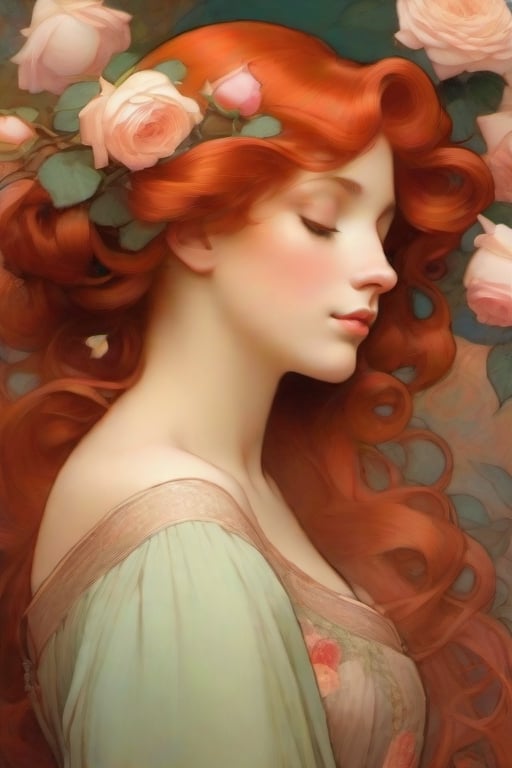 red hair,one girl,profile,beautiful,surrounded by roses,closed my eyes,Mucha painting,noble clothes,lots of roses