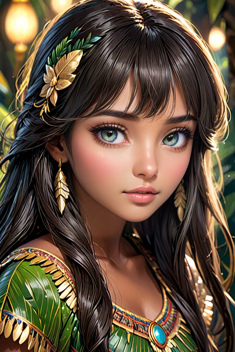 ((top quality)),  ((masterpiece)), girl of Amazonian ethnicity, with a childish face with a shy look, long dark hair with bangs, dark skin,  intricate details, cinematic image, very detailed eyes, very detailed mouth, illuminated by soft light,