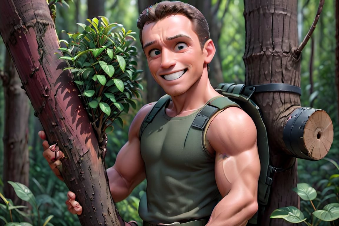 
The cute, adorable and muscular film and TV actor Arnold Schwarzenegger smiling at the public and wearing a sleeveless military commando suit, carrying a tree trunk on one of his shoulders, 3D cartoon character. hyperrealism, photorealism, beautiful, complex, incredibly detailed photographs. very real image of silvester stallone