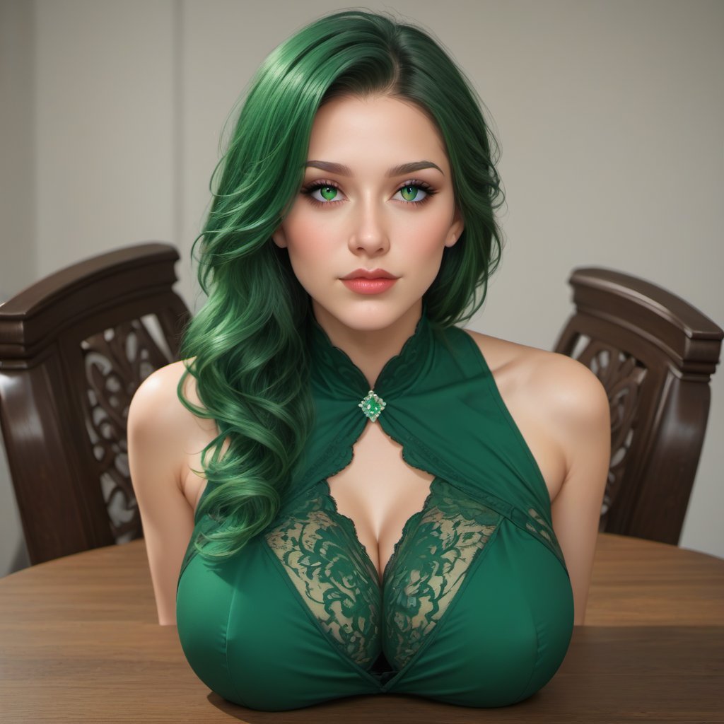 Beautiful girl with green hair,beautiful face,sitting at a table