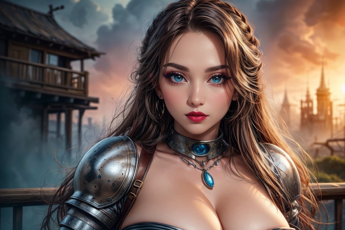 A dashing medieval female warrior, adorned in rugged yet stylish attire, with a confident smirk and fierce gaze that command respect, medieval fantasy. Swashbuckling, brave, wise and beautiful, jewelry, standing, landscape, (Cinematic lighting, ethereal light, intricate details, extremely detailed, incredible details, full colored), complex details, hyper maximalist, gorgeous light and shadow, detailed decoration, detailed lines. masterpiece, best quality, HDR, UHD, unreal engine. looking at the camera, fair skin, beautiful face, beautiful eyes, perfect eyes, detailed eyes, beautiful nose,1 Woman,fubuki,Shizuka_minamoto,Chromaspots,hentai