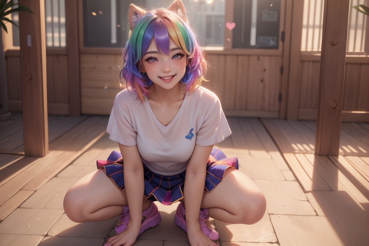 (best quality,4k,8k,highres,masterpiece:1.2),ultra-detailed,(realistic,photorealistic,photo-realistic:1.37),Cute girl,smiling,blushing,short outfit,rainbow color hair,beautiful detailed eyes,beautiful detailed lips,extremely detailed eyes and face,long eyelashes,happy expression,sparkling eyes,perfectly arched eyebrows,vibrant rainbow colors flowing through the hair,soft and silky hair texture,cheeks tinted with a gentle blush,flushed rosy cheeks,sunlight gently illuminating the girl's face, vibrant and vivid colors, youthful and vibrant energy surrounding the girl,bokeh lights,playful and joyful atmosphere, radiant smile that brightens up the scene,delicate and charming facial features,energetic and confident pose,dainty fingers and feminine hands,dainty and cute outfit with a short skirt,comfortable and stylish footwear,magic-like rainbow aura surrounding the girl,playful and cheerful personality,positive and optimistic vibes., tights,peeing self