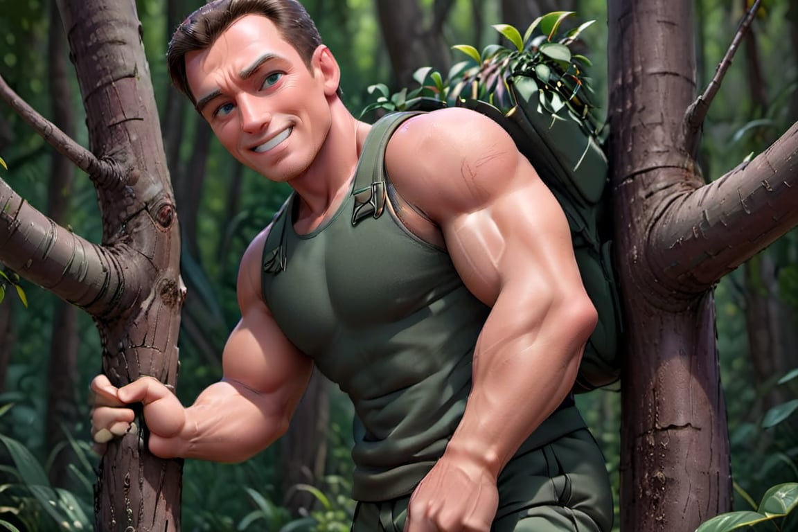 
The cute, adorable and muscular film and TV actor Arnold Schwarzenegger smiling at the public and wearing a sleeveless military commando suit, carrying a tree trunk on one of his shoulders, 3D cartoon character. hyperrealism, photorealism, beautiful, complex, incredibly detailed photographs. very real image of silvester stallone