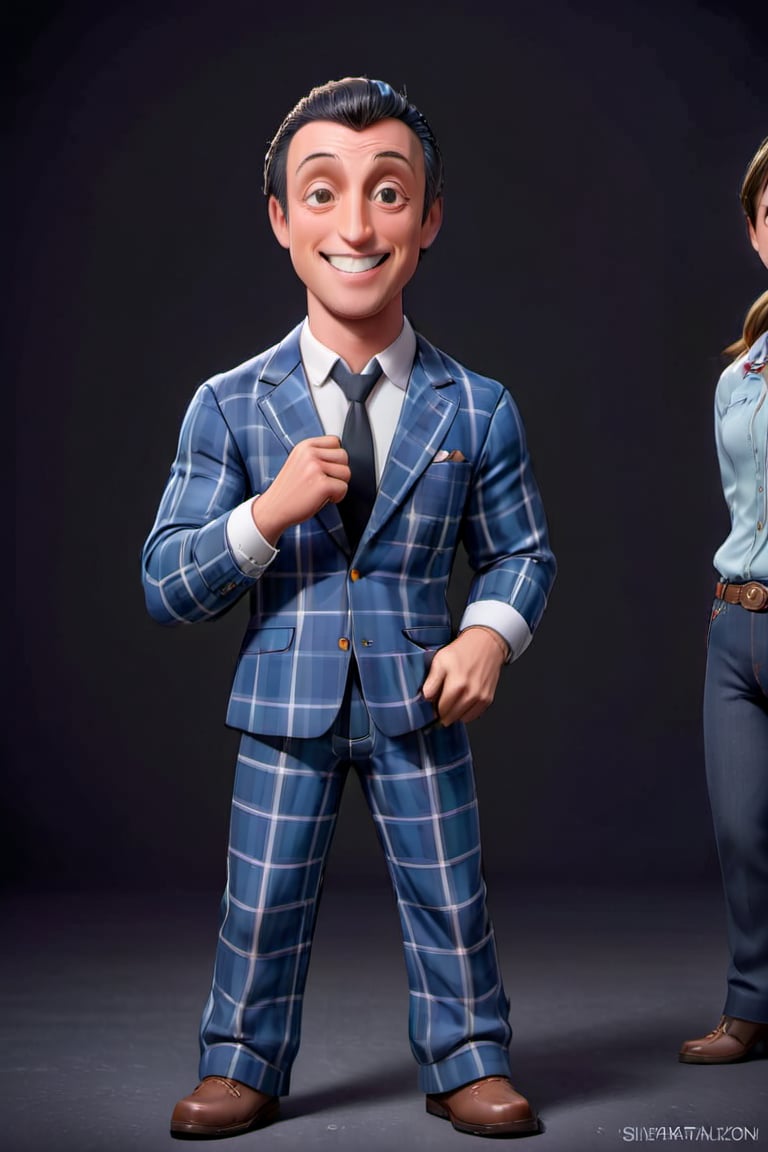 
The cute and adorable film and TV actor Silvester Stallone smiling at the public and wearing a plaid rancher suit as a cowboy, 3D cartoon character. hyperrealism, photorealism, beautiful, complex, incredibly detailed photographs. very real image of silvester stallone