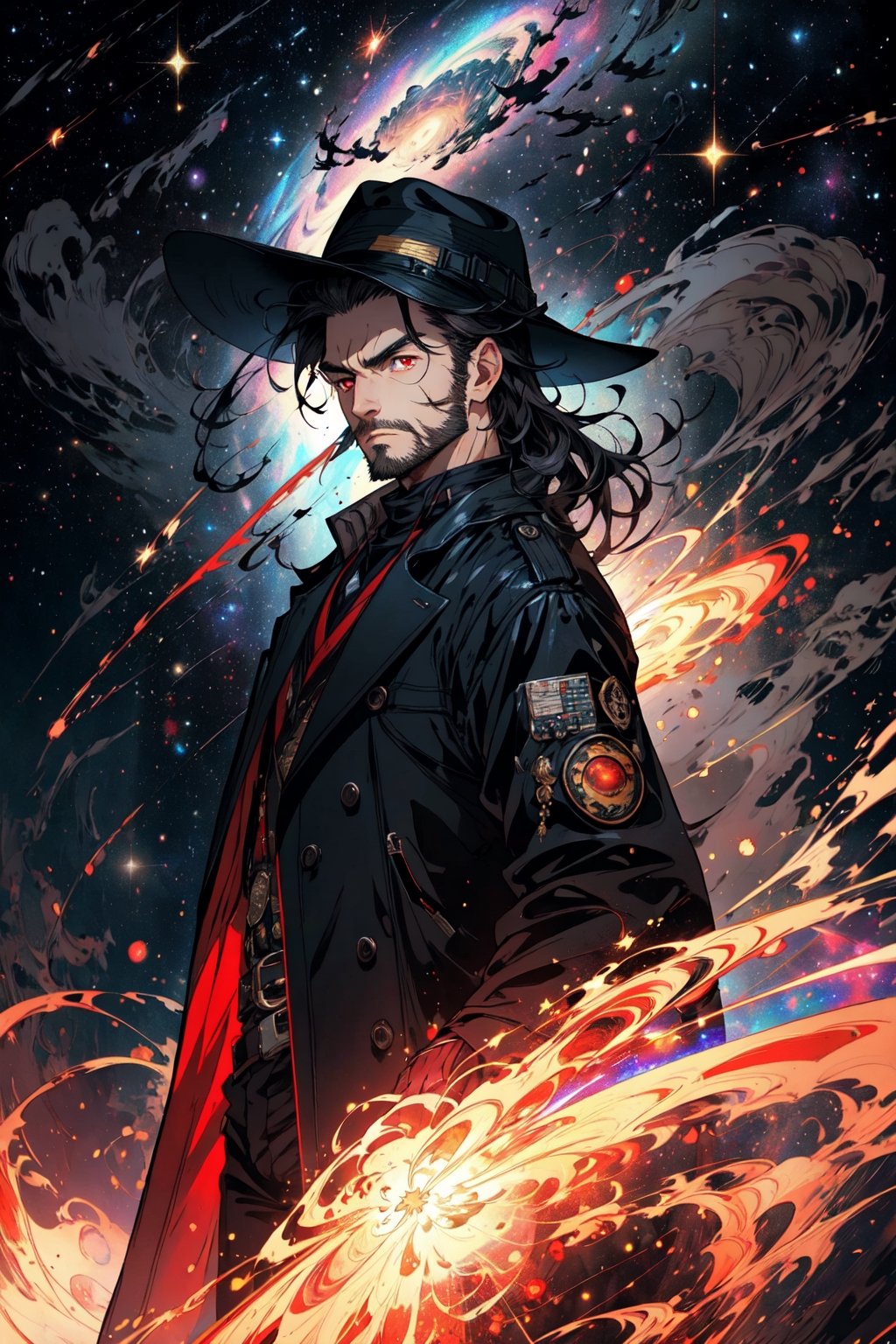 (masterpiece), long wavy black hair , red eyes, thin beard, turtleneck , slick collared trench coats with galaxies within it, black glove , black fedora , 25 years old of age, serious face expression , starlight coming out of his hands ,  Interstellar, nebula lounge , vivid, cinematic lighting , flying in the space , galaxies inside his coat tails , he controls the power of starts and galaxies with him , several planets and galaxy in the backgrounds , 