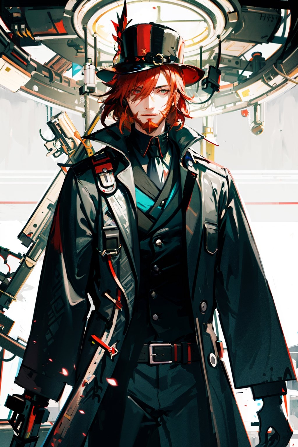 masterpiece,, (masterpiece, best quality:1.5), Handsome man wearing slick collared red trench coat , red full beard ,  turtle neck , neck-length red hair, wearing a red fedora , futuristic skyscrapers in the background , neon glow buildings , red glowing eye, [(white background:1.15)] ,weapon,midjourney, green flames,