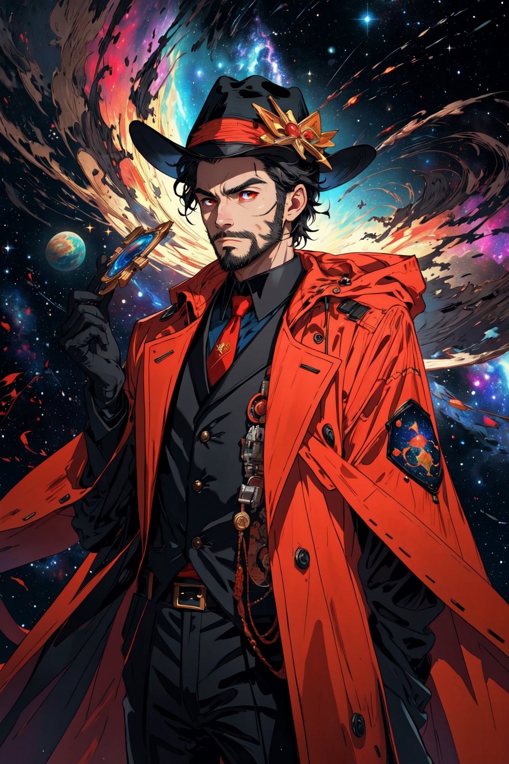 (masterpiece), neck length wavy black hair, , red eyes, thin beard, turtleneck , slick collared trench coats with galaxies within it, black glove , black fedora , 25 years old of age, serious face expression , starlight coming out of his hands ,  Interstellar, nebula lounge , vivid, cinematic lighting , flying in the space , galaxies inside his coat tails , he controls the power of starts and galaxies with him , some planets in the backgrounds , 