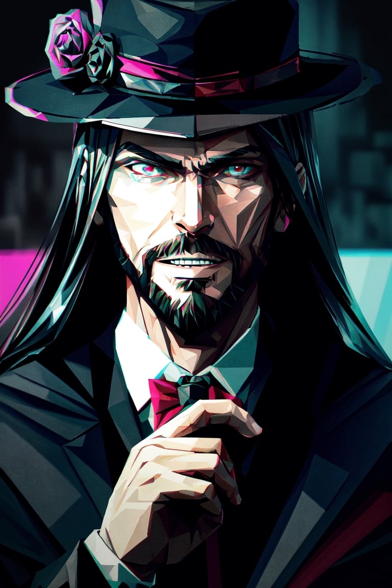 (masterpiece),a portrait of a handsome man , he is facing front, long wavy black hair , red eyes, thin beard, turtleneck , slick collared trench coats ,wearing black glove , wearing a black fedora , 25 years old of age, evil smile face expression ,bokeh , depth_of_field , glitching ,low ploy, red green purple cyan pink main color , 
 this image evokes a sense of depth and modernity, accentuated by the deliberate inclusion of digital noise and glitch elements, giving it a unique and dynamic quality. The images are of exceptional quality, with vibrant colors and intricate textures that capture the viewer's attention), Detailed Textures, high quality, high resolution, high Accuracy, realism, color correction, Proper lighting settings, harmonious composition, Behance works, Glitching, low ploy , hand below the chin , 