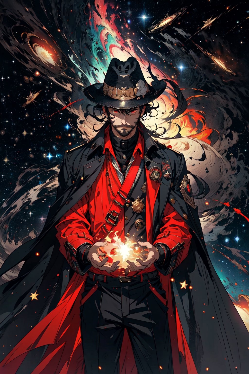 (masterpiece), long wavy black hair , red eyes, thin beard, turtleneck , slick collared trench coats with galaxies within it, black glove , black fedora , 25 years old of age, serious face expression , starlight coming out of his hands ,  Interstellar, nebula lounge , vivid, cinematic lighting , flying in the space , galaxies inside his coat tails , he controls the power of starts and galaxies with him , several planets and galaxy in the backgrounds , bokeh , depth_of_field ,