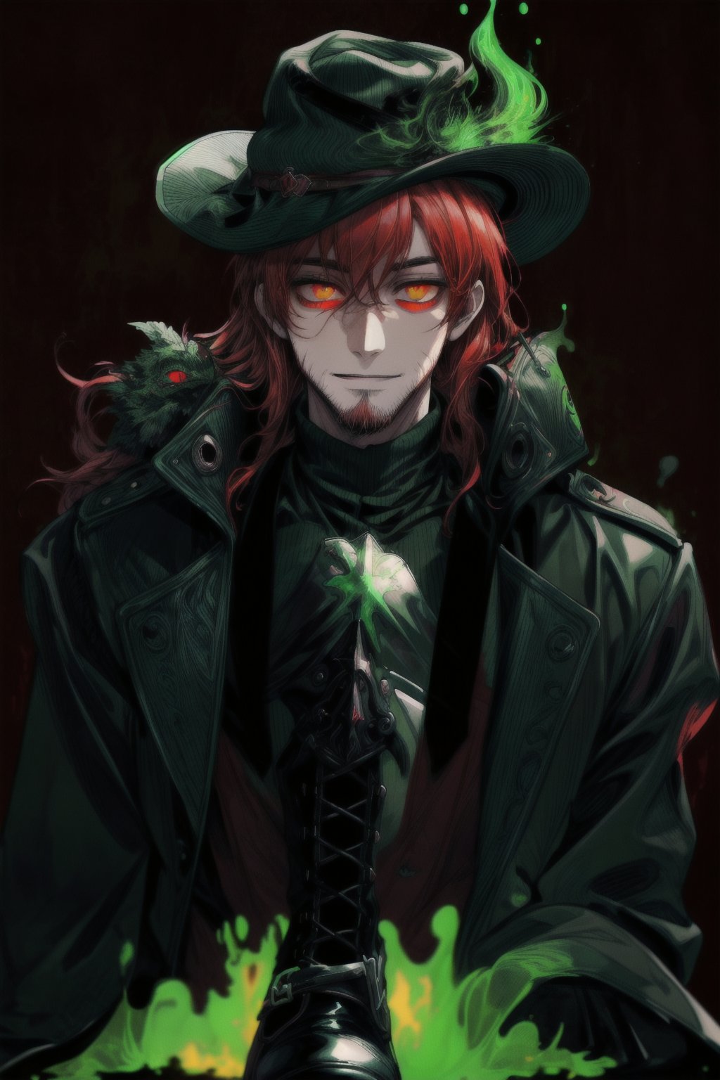 A portrait of a handsome man in slick collared red armored trenchcoat , wearing a red fedora, neck-length wavy hair , 25 years old of age , full beard , white background with green paint splash, evil face smile expression, red eyes , wearing a thin black turtleneck , reddish hair,The Dark Huntsman ,black steel cane , halberd on the back , blend, bright eyes , green fire , black boots , black gloves , pyromancer ,