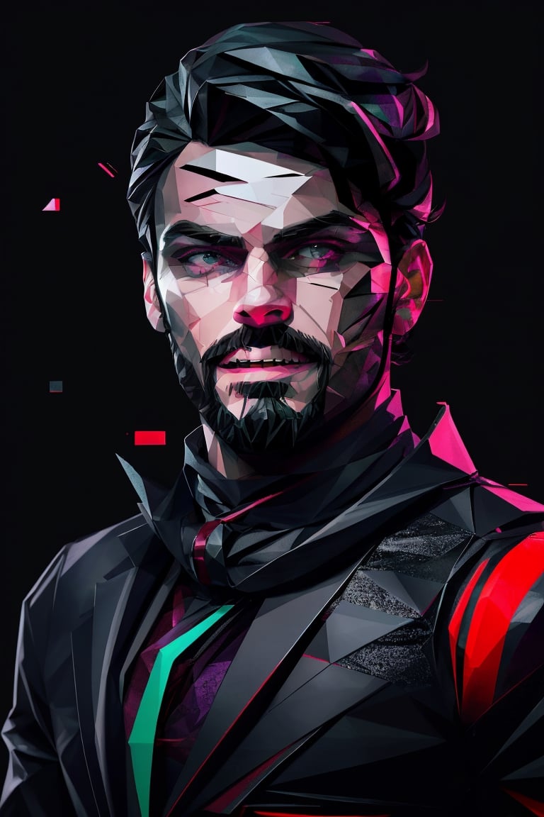 (masterpiece),a portrait of a handsome man  , wavy neck-length black hair , red eyes, thin beard, turtleneck , slick collared trench coats ,wearing black glove , wearing a black fedora , 25 years old of age, evil smile face expression ,bokeh , depth_of_field , glitching ,low ploy, red green purple cyan pink main color , 
 this image evokes a sense of depth and modernity, accentuated by the deliberate inclusion of digital noise and glitch elements, giving it a unique and dynamic quality. The images are of exceptional quality, with vibrant colors and intricate textures that capture the viewer's attention), Detailed Textures, high quality, high resolution, high Accuracy, realism, color correction, Proper lighting settings, harmonious composition, Behance works, Glitching, low ploy , glitch around the face,1guy