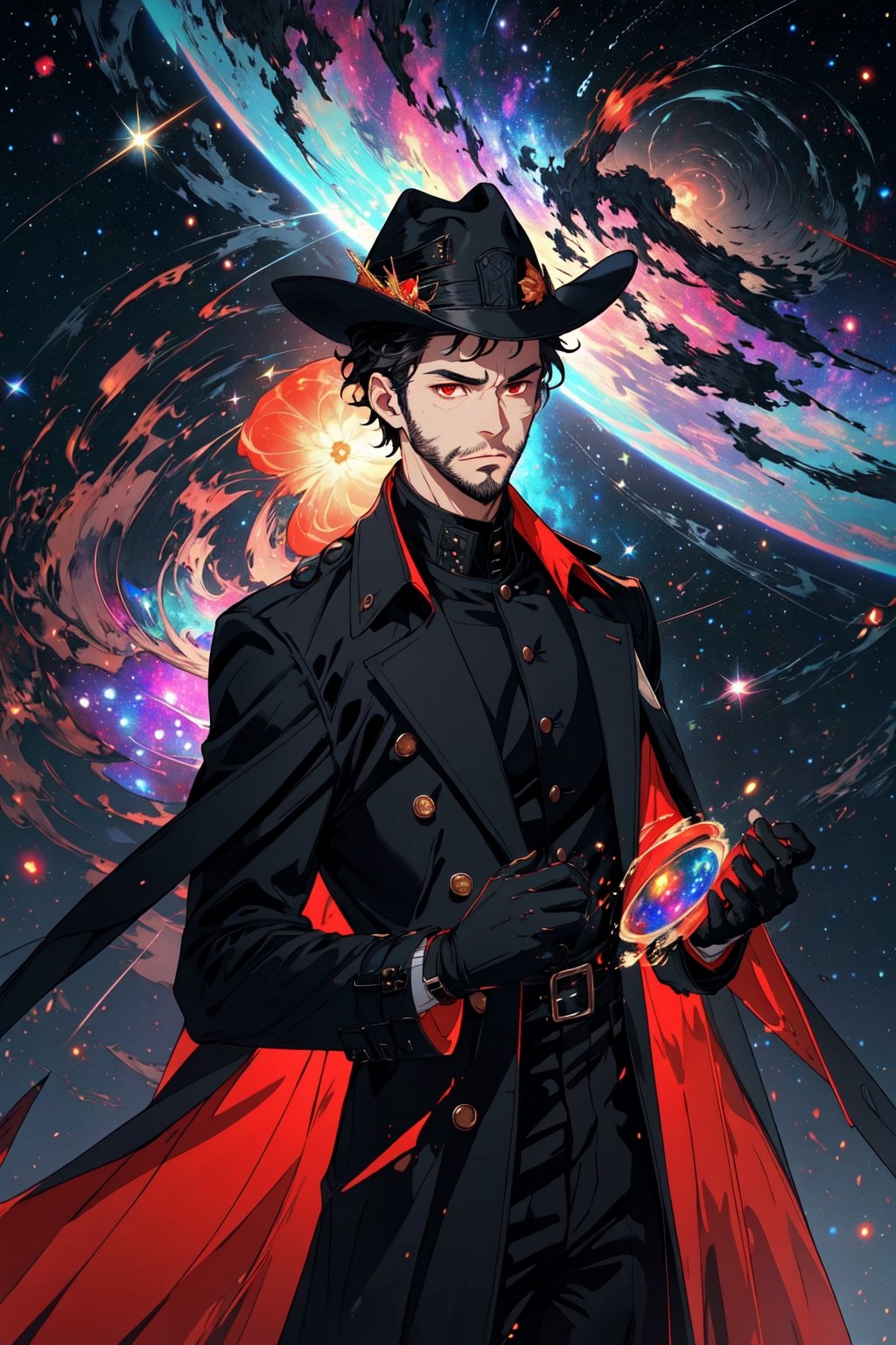 (masterpiece), neck length wavy black hair, , red eyes, thin beard, turtleneck , slick collared trench coats with galaxies within it, black glove , black fedora , 25 years old of age, serious face expression , starlight coming out of his hands ,  Interstellar, nebula lounge , vivid, cinematic lighting , flying in the space , galaxies inside his coat tails , 